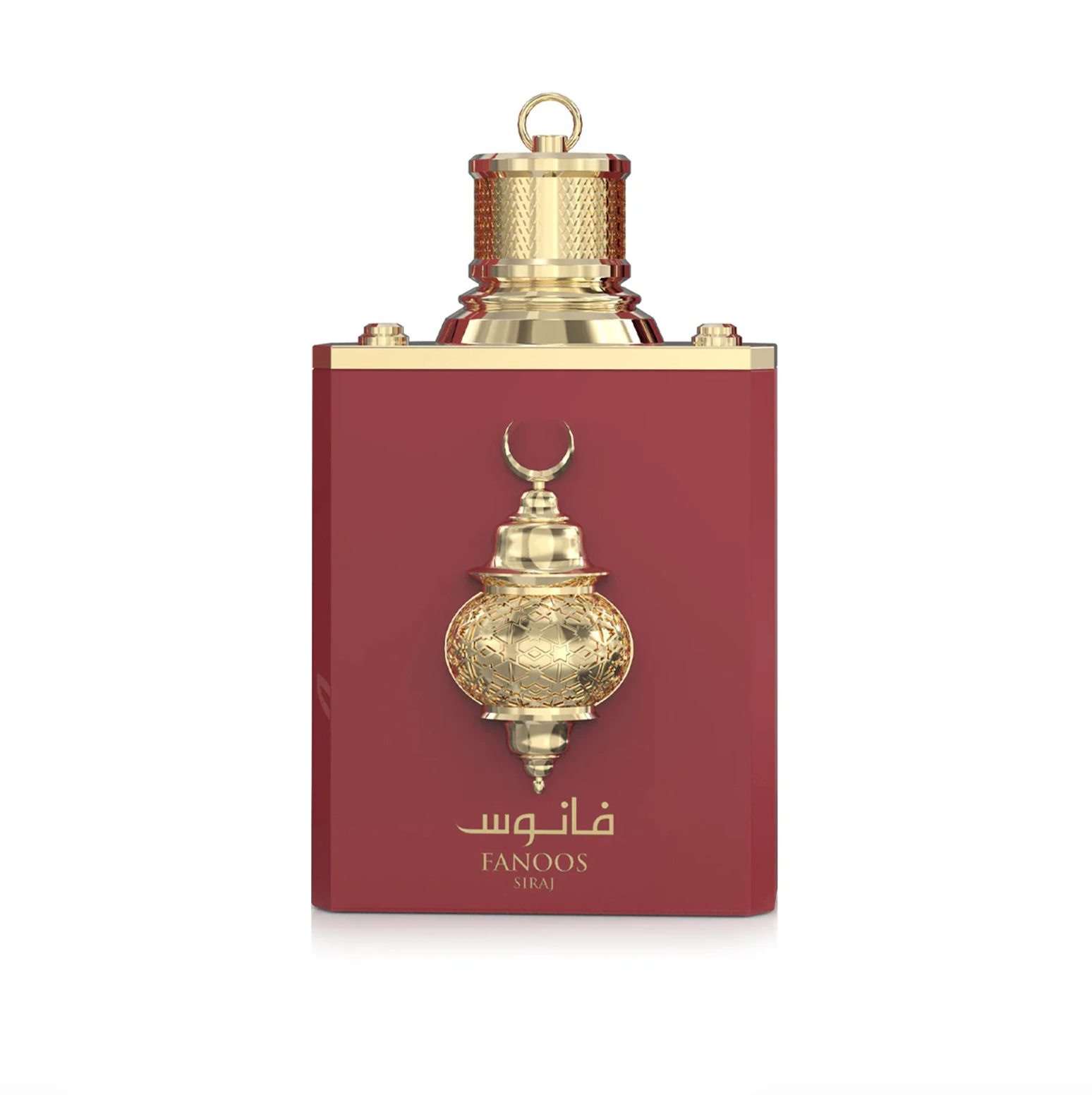 A clean studio shot of the red 100ml bottle, highlighting its minimalist form against the intricate, metallic gold-toned lantern centerpiece.