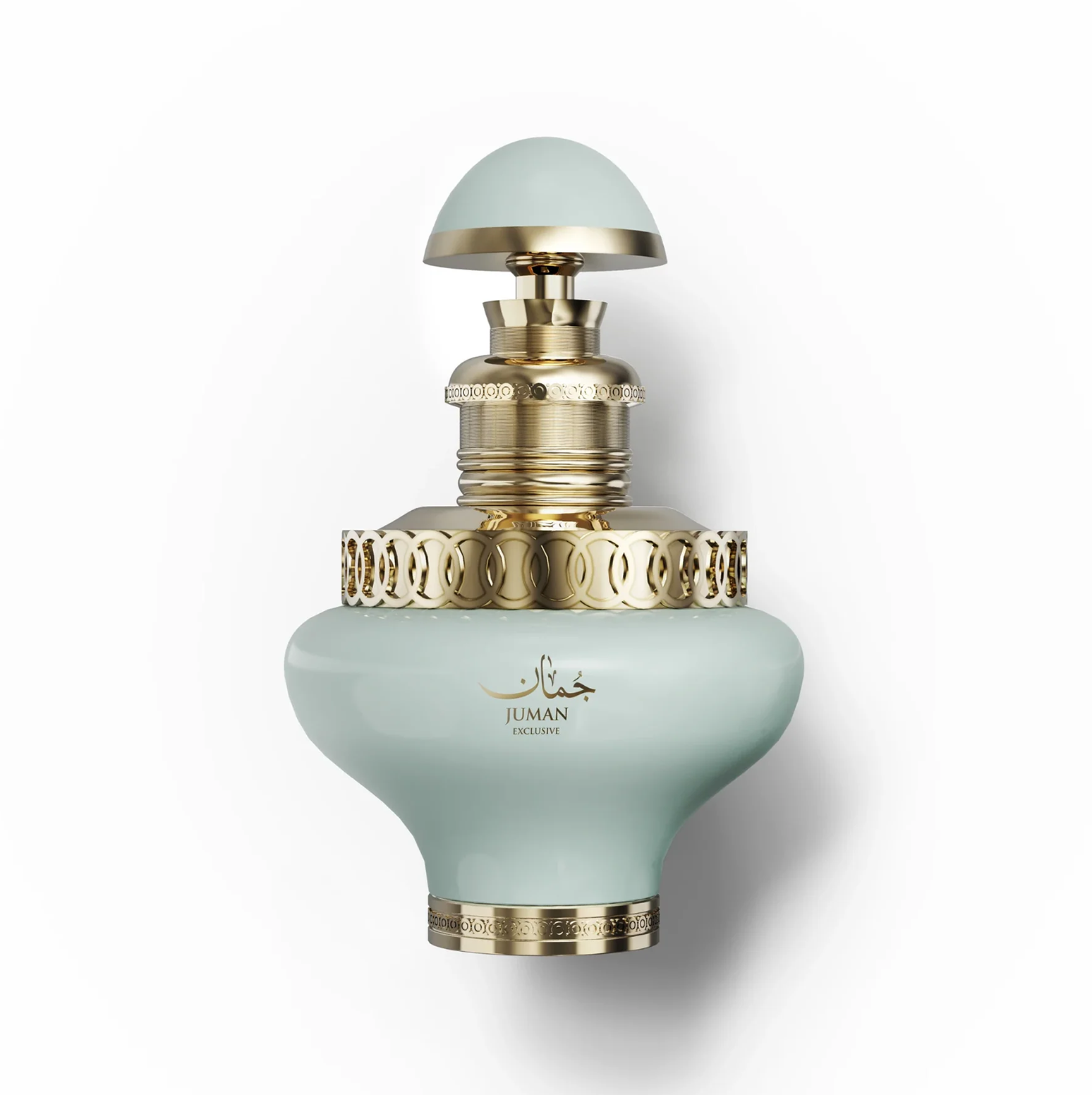 A studio product shot of the Juman Exclusive 100ml pale green bottle with gold accents